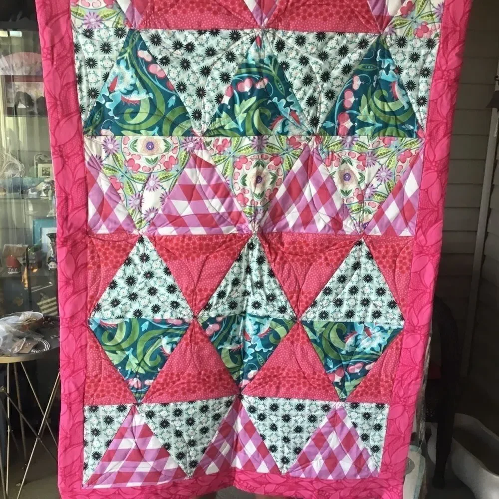 Hand Crafted Pink, Green, Teal & White Patchwork Quilt